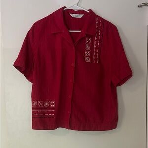 Red Embroidered Button-Up Shirt